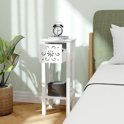 Set of 2 Floral Cut-Out Side Tables with Drawer and Shelf - White