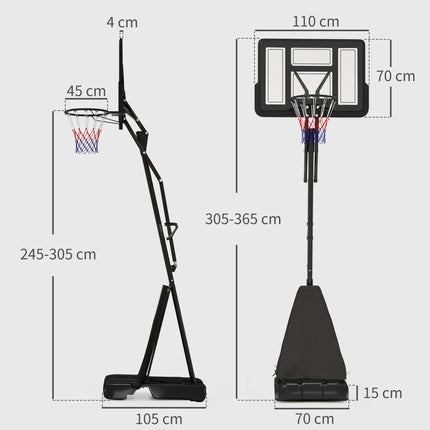 Adjustable Outdoor Basketball Hoop with Rebound System, Weighted Base & Wheels, 2.45-3.05m - Black