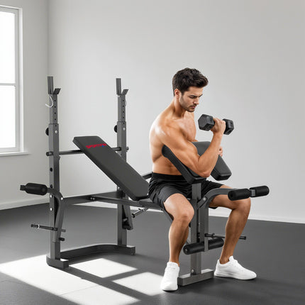 Adjustable Weight Bench with Bench Press Rack, Preacher Curl, Leg Extension & Lat Pull Down - Black