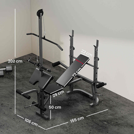 Adjustable Weight Bench with Bench Press Rack, Preacher Curl, Leg Extension & Lat Pull Down - Black