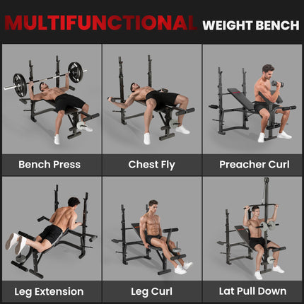 Adjustable Weight Bench with Bench Press Rack, Preacher Curl, Leg Extension & Lat Pull Down - Black