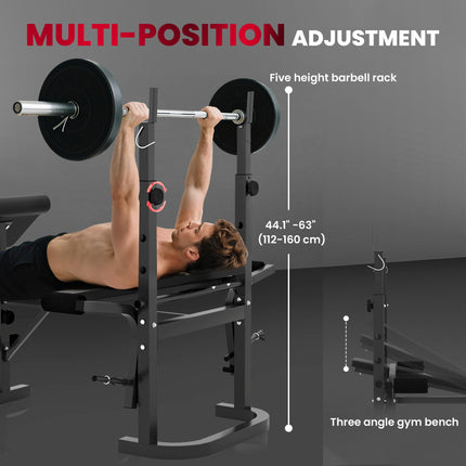 Adjustable Weight Bench with Bench Press Rack, Preacher Curl, Leg Extension & Lat Pull Down - Black