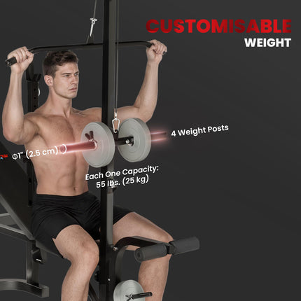 Adjustable Weight Bench with Bench Press Rack, Preacher Curl, Leg Extension & Lat Pull Down - Black