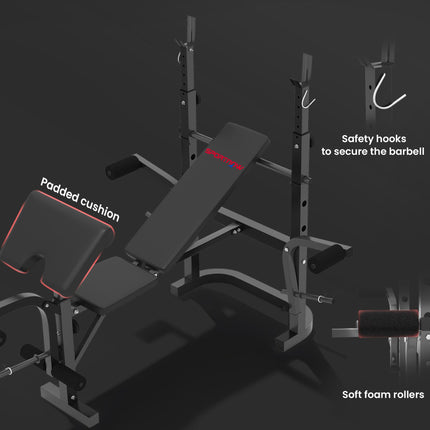 Adjustable Weight Bench with Bench Press Rack, Preacher Curl, Leg Extension & Lat Pull Down - Black