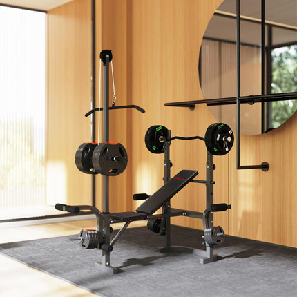 Adjustable Weight Bench with Bench Press Rack, Preacher Curl, Leg Extension & Lat Pull Down - Black