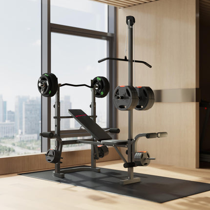 Adjustable Weight Bench with Bench Press Rack, Preacher Curl, Leg Extension & Lat Pull Down - Black
