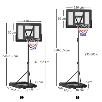 2.3-3.05m Basketball Hoop and Stand, with Weighted Base, Wheels, Black
