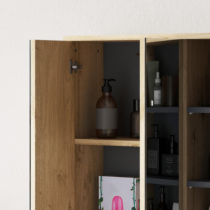 Five-Shelf Mirrored Bathroom Cabinet Wall-Mounted with Wood-Effect Finish