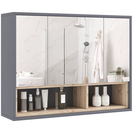 Wall Mounted Bathroom Mirror Cabinet with 3 Doors and Cupboards - Grey