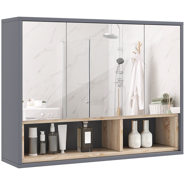 Wall Mounted Bathroom Mirror Cabinet with 3 Doors and Cupboards - Grey