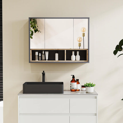 Wall Mounted Bathroom Mirror Cabinet with 3 Doors and Cupboards - Grey