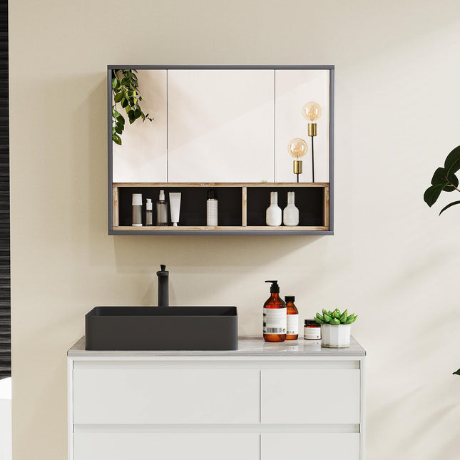 Wall Mounted Bathroom Mirror Cabinet with 3 Doors and Cupboards - Grey