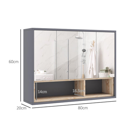 Wall Mounted Bathroom Mirror Cabinet with 3 Doors and Cupboards - Grey