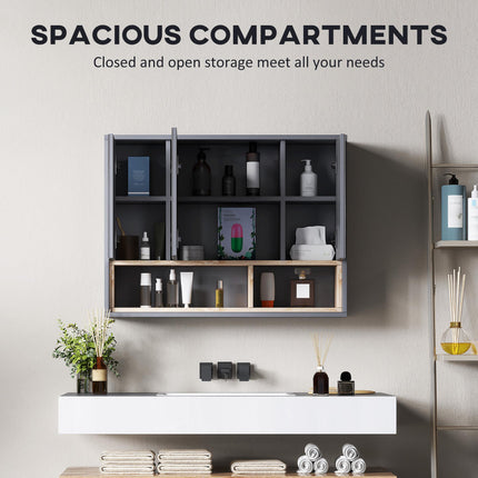 Wall Mounted Bathroom Mirror Cabinet with 3 Doors and Cupboards - Grey