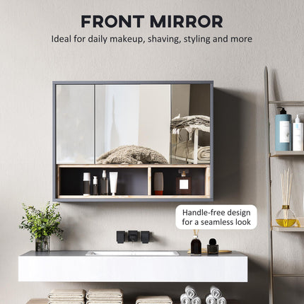 Wall Mounted Bathroom Mirror Cabinet with 3 Doors and Cupboards - Grey