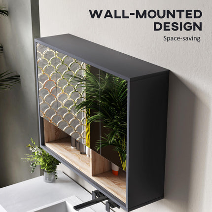 Wall Mounted Bathroom Mirror Cabinet with 3 Doors and Cupboards - Grey