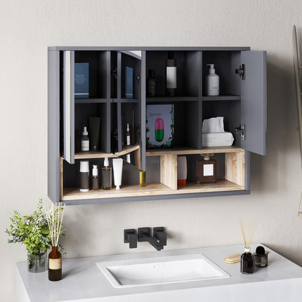 Wall Mounted Bathroom Mirror Cabinet with 3 Doors and Cupboards - Grey