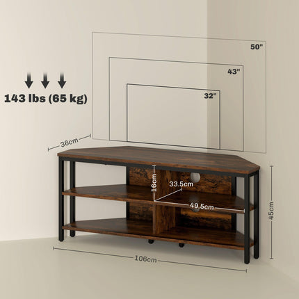 Industrial Corner TV Unit for TVs up to 50" with Storage Shelves - Black/Brown