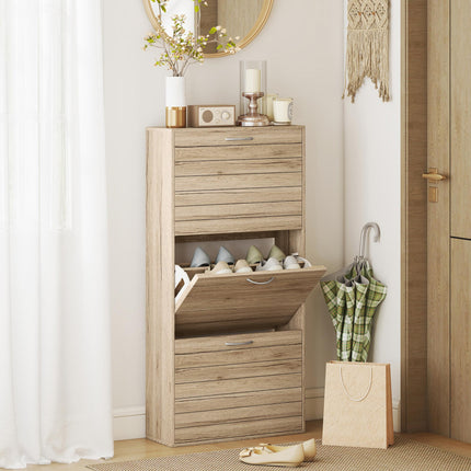 12-Shoe Flip Drawer Storage Cabinet with Adjustable Shelves - Brown Wood-Effect