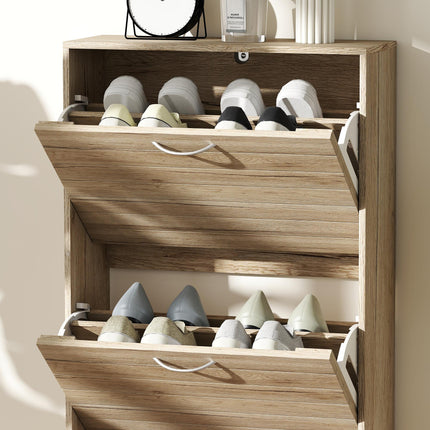 12-Shoe Flip Drawer Storage Cabinet with Adjustable Shelves - Brown Wood-Effect