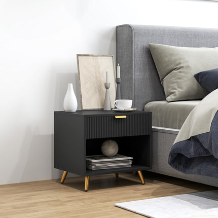 Elegant Bedside Table with Drawer and Shelf - Black/Gold Tone