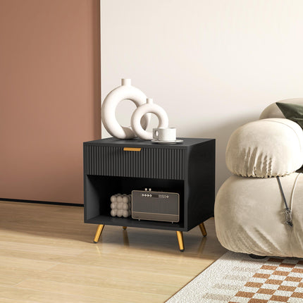 Elegant Bedside Table with Drawer and Shelf - Black/Gold Tone