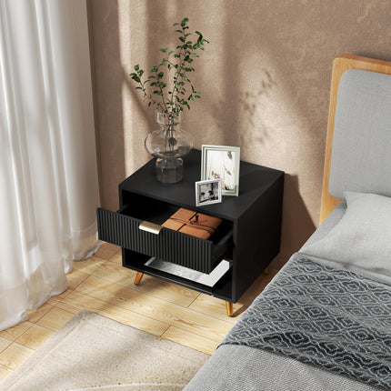 Elegant Bedside Table with Drawer and Shelf - Black/Gold Tone