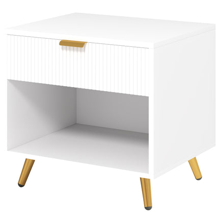 Elegant Bedside Table with Drawer and Shelf - White/Gold Tone