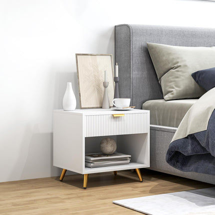 Elegant Bedside Table with Drawer and Shelf - White/Gold Tone