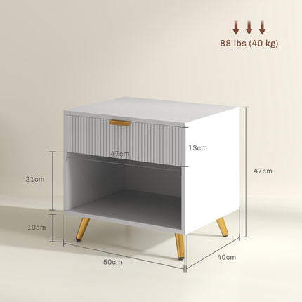 Elegant Bedside Table with Drawer and Shelf - White/Gold Tone