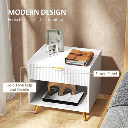 Elegant Bedside Table with Drawer and Shelf - White/Gold Tone