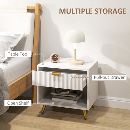 Elegant Bedside Table with Drawer and Shelf - White/Gold Tone