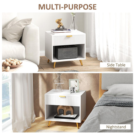 Elegant Bedside Table with Drawer and Shelf - White/Gold Tone