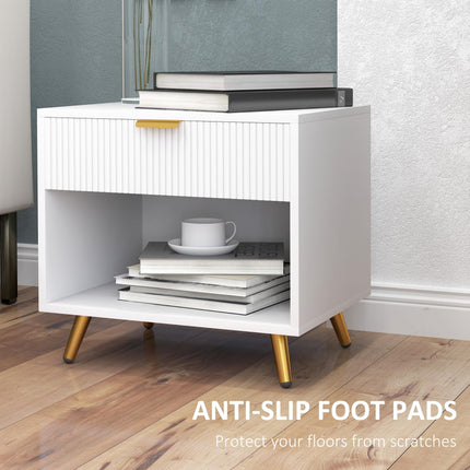 Elegant Bedside Table with Drawer and Shelf - White/Gold Tone