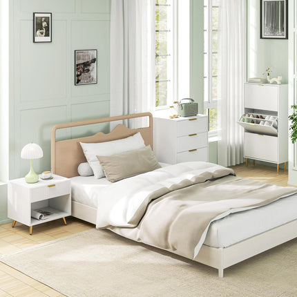 Elegant Bedside Table with Drawer and Shelf - White/Gold Tone