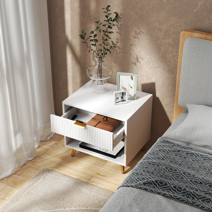 Elegant Bedside Table with Drawer and Shelf - White/Gold Tone