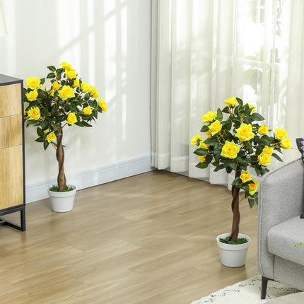 Set of 2 Artificial White Rose Plants in Pot 90cm - Yellow
