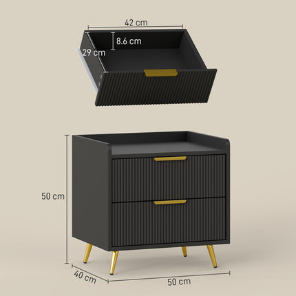 Elegant Two-Drawer Bedside Table with Gold Handles - Black