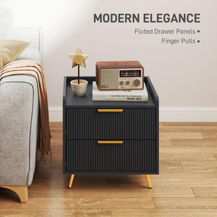 Elegant Two-Drawer Bedside Table with Gold Handles - Black