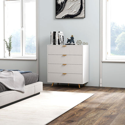 Elegant Four-Drawer Bedside Table with Gold Handles - White