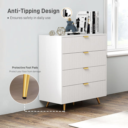 Elegant Four-Drawer Bedside Table with Gold Handles - White