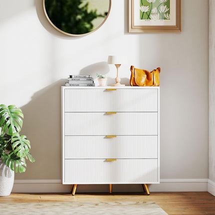 Elegant Four-Drawer Bedside Table with Gold Handles - White