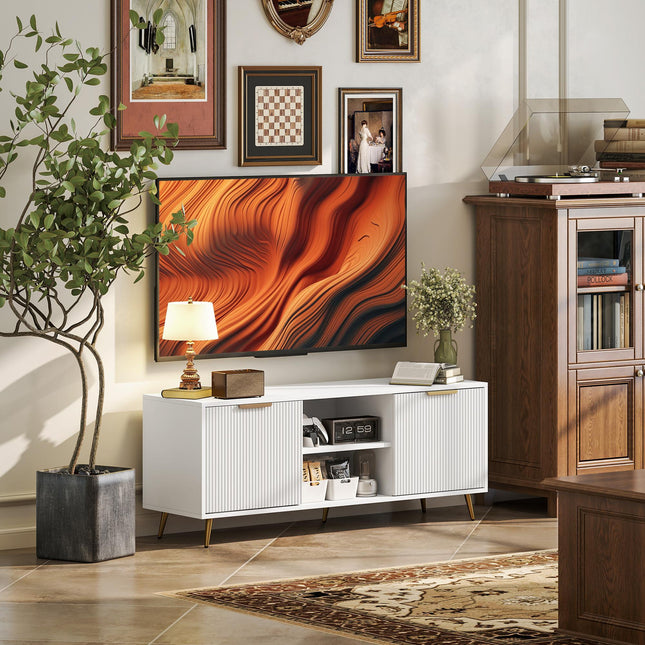 Modern TV Stand Cabinet for TVs up to 55" with 2 Open Shelves & 2 Cabinets, Cable Management - White