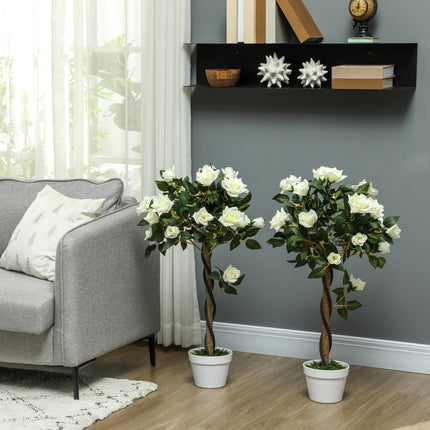 Set of Two Faux Rose Trees with Cement Pot - White