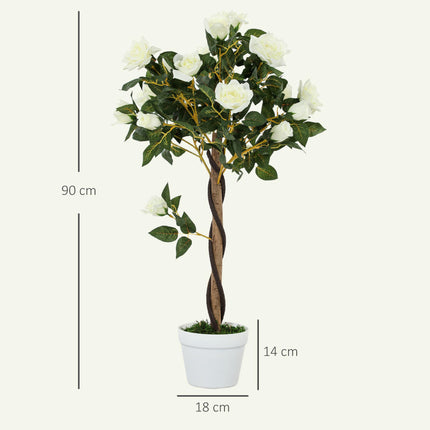 Set of Two Faux Rose Trees with Cement Pot - White