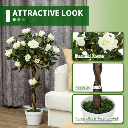 Set of Two Faux Rose Trees with Cement Pot - White