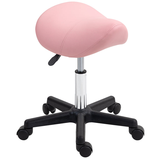 Adjustable PU Leather Saddle Stool with Steel Frame and Rolling Wheels for Salon, Spa, Tattoo - Pink
