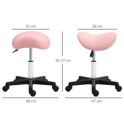 Adjustable PU Leather Saddle Stool with Steel Frame and Rolling Wheels for Salon, Spa, Tattoo - Pink