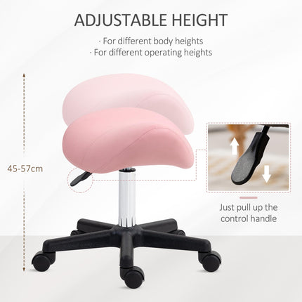 Adjustable PU Leather Saddle Stool with Steel Frame and Rolling Wheels for Salon, Spa, Tattoo - Pink
