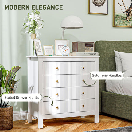 Elegant Five Drawer Chest with Gold Handles - White